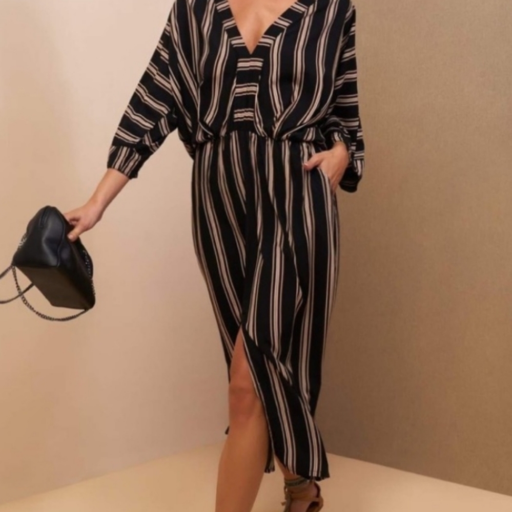 EUC ANTHROPOLOGIE UMA & LEOPOLD SEXY STRIPED KAFTAN DRESS SZ L VNECK